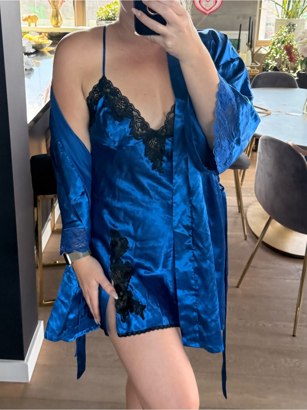 Frederick’s of Hollywood Blue Satin black lace Chemise & Matching Robe Set